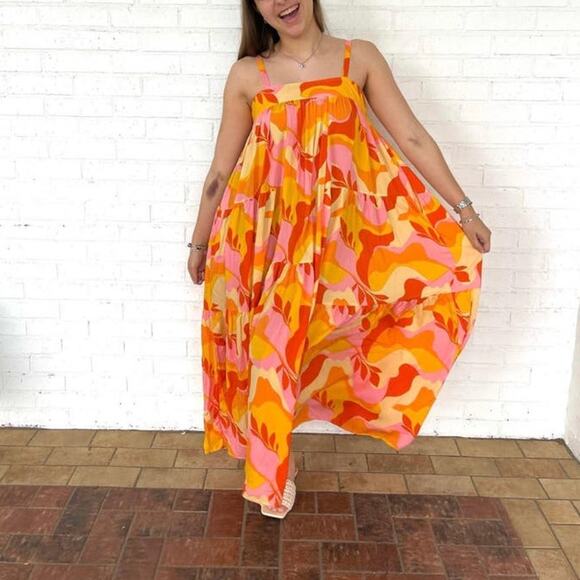 Abel The Label Orange Pink Boho Maxi Dress Trapeze Tiered Oversized XS NWT - Picture 2 of 11